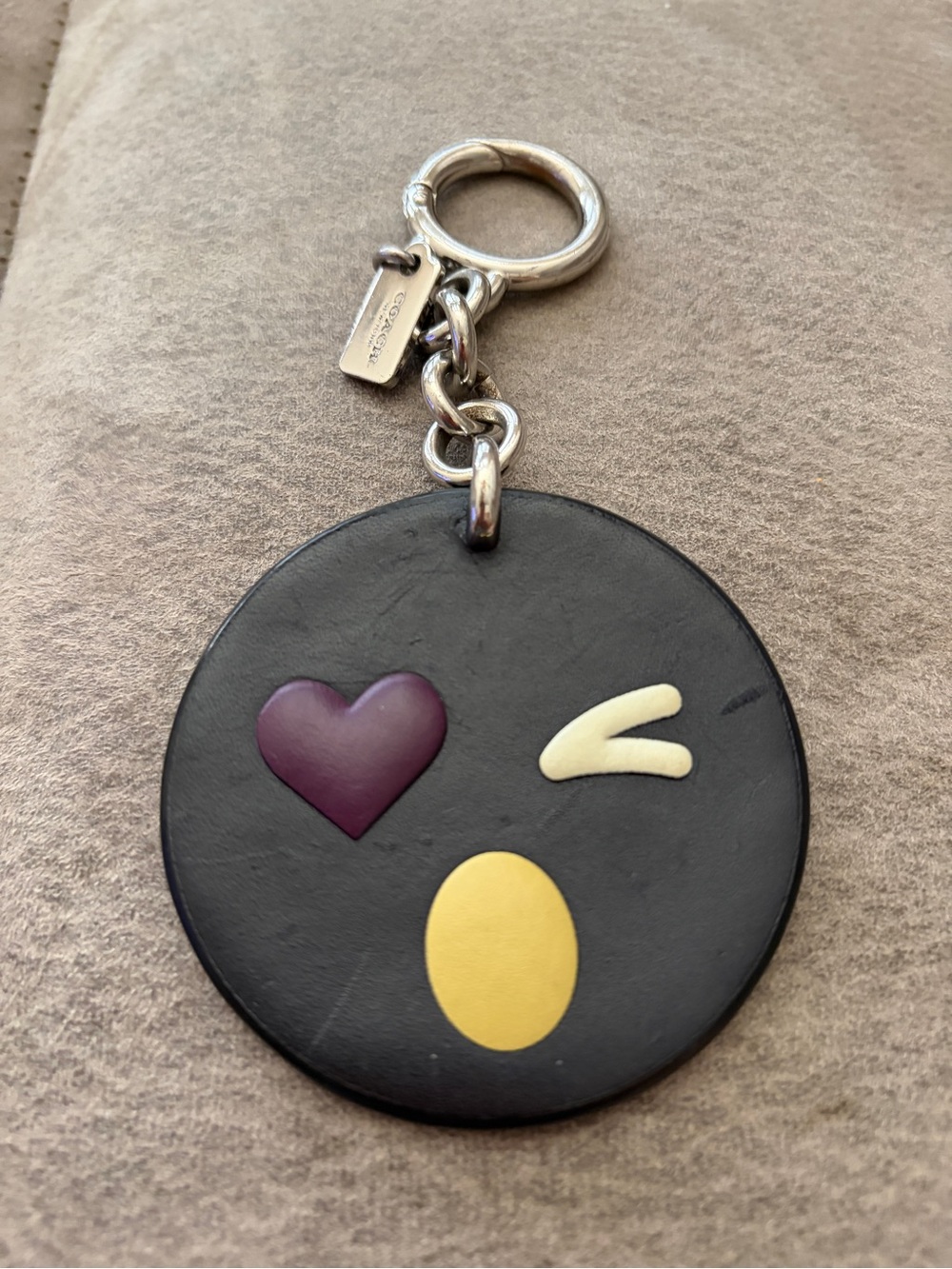 COACH Heart Wink Emoji Round Bag Charm / Key chain  with Purple &Yellow Accents